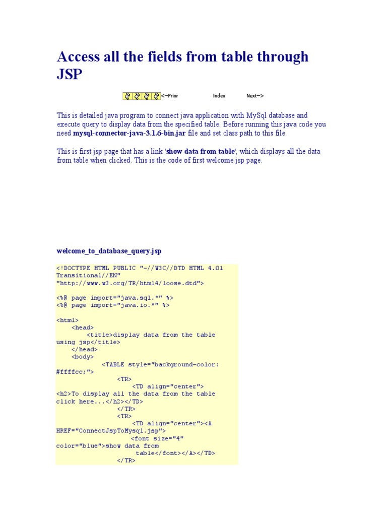 Access All The Fields From Table Through JSP Sql Html