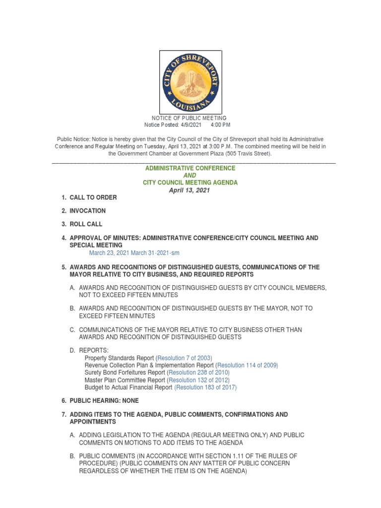 Shreveport City Council Agenda Packet For April 13, 2021, Meeting | PDF