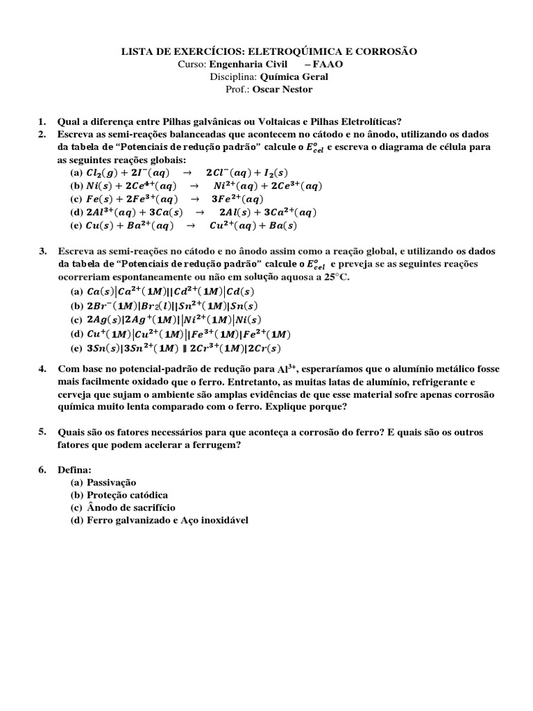 Lista de Exercícios Eletroquímica e Corrosão | PDF