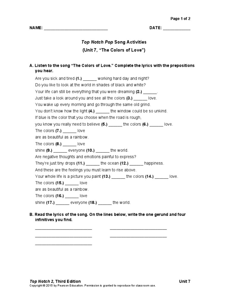 Top Notch Pop Song Activities (Unit 7, "The Colors of Love") PDF