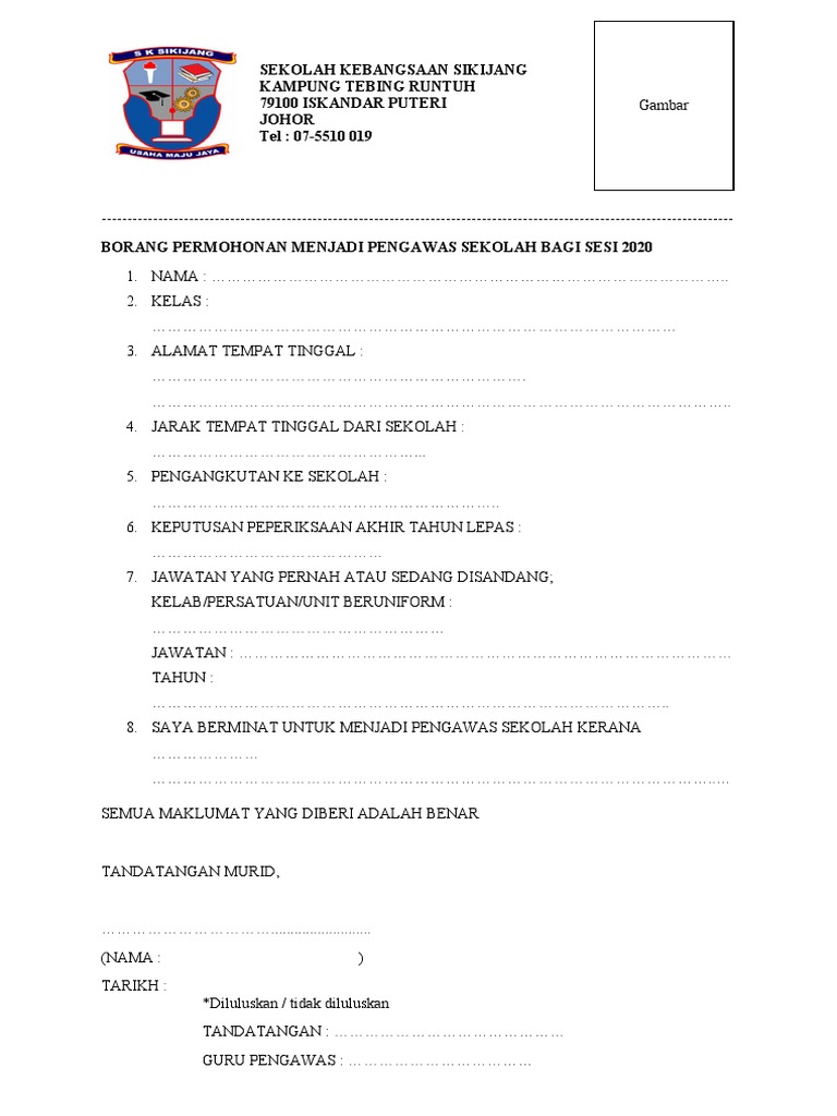 Borang Permohonan Menjadi Pengawas Sekolah Bagi Sesi 2019 Pdf