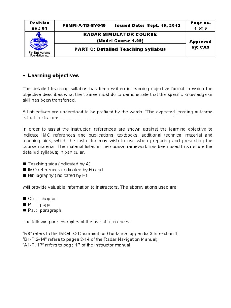 Radar Simulator Course Syllabus Detailed Learning Objectives and