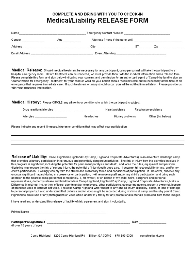 Camp Highland Medical Release Form | PDF | Emergency Department | Medicine