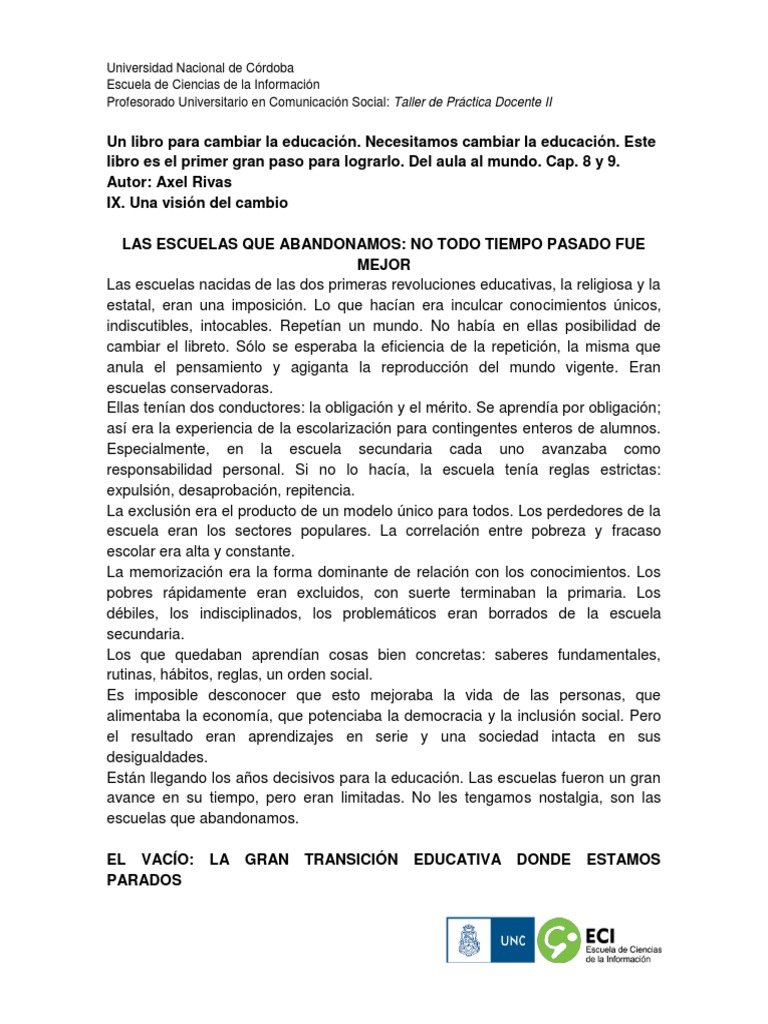 Axel Rivas Revivir Las Aulas Un Libro para Cambiar La Educacic3b3n Pdf ...