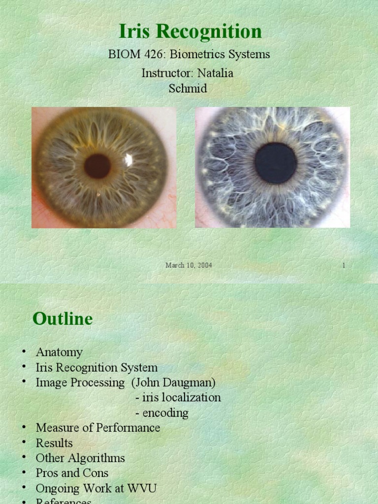 Iris Recognition: Instructor: Natalia Schmid BIOM 426: Biometrics ...