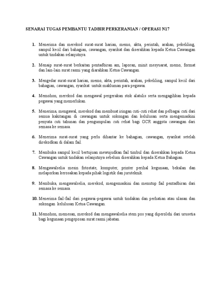 Senarai Tugas Pembantu Tadbir Perkeranian Pdf