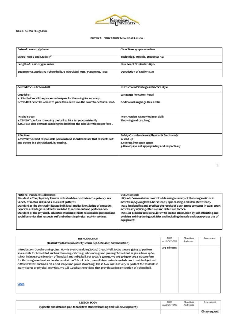Tchoukball Lesson Plan for 7th Grade | PDF | Physical Education ...