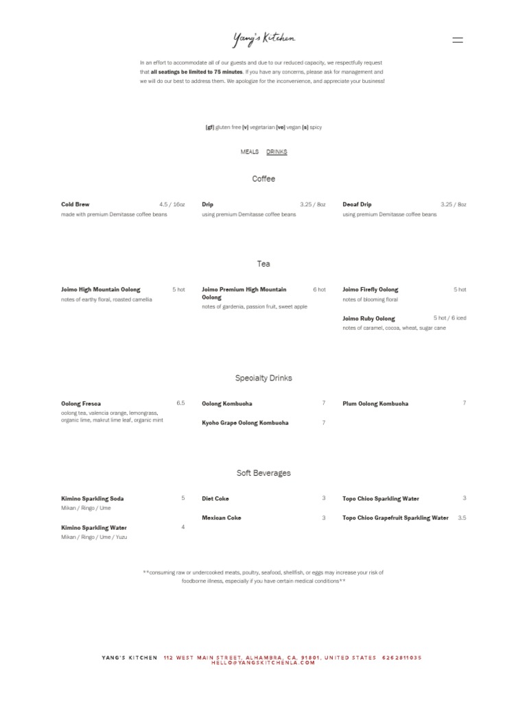 Dine-In Drink Menu - Yang's Kitchen | PDF