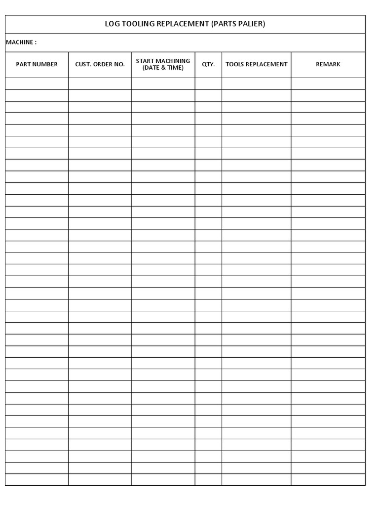 Log Tooling Replacement (Parts Palier) Machine Start Machining (Date
