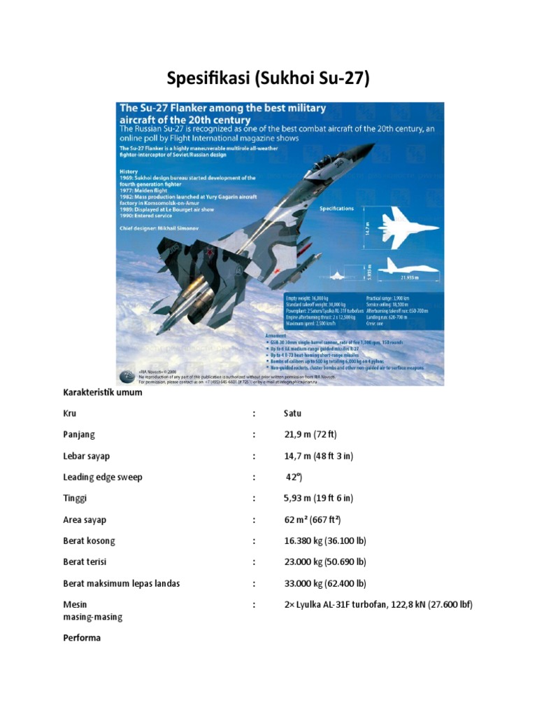 Spesifikasi Pesawat Sukhoi Su-27 | PDF