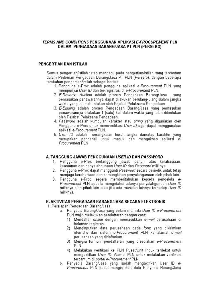 Ketentuan Penggunaan E-Proc PLN | PDF
