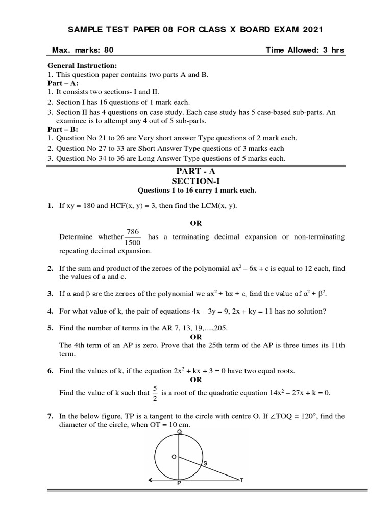 Sample Test Paper 08 For Class X Board Exam 2021 Part A SectionI