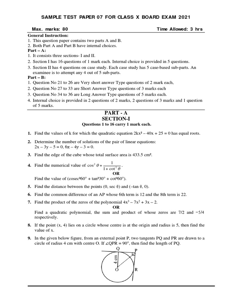 Class X Board Exam Sample Paper 2021 | PDF | Circle | Sphere