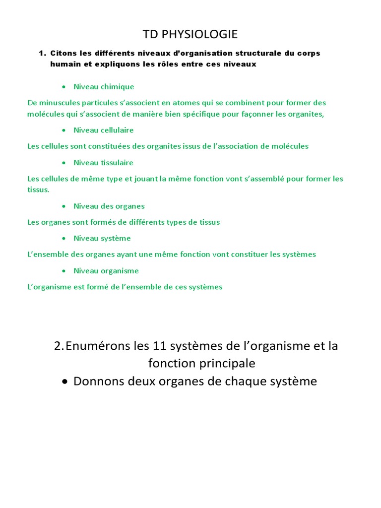 Niveaux d'Organisation en Physiologie | PDF | Physiologie | Cellule ...
