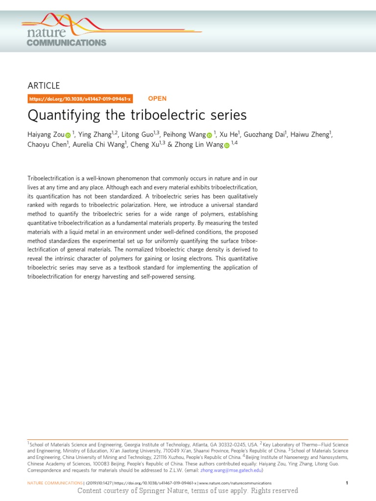 Quantifying The Triboelectric Series | PDF | Electrostatics | Electric ...