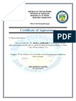 Certificate of Appearance: Republic of The Philippines Province of Sorsogon Municipality of Irosin Barangay Buenavista