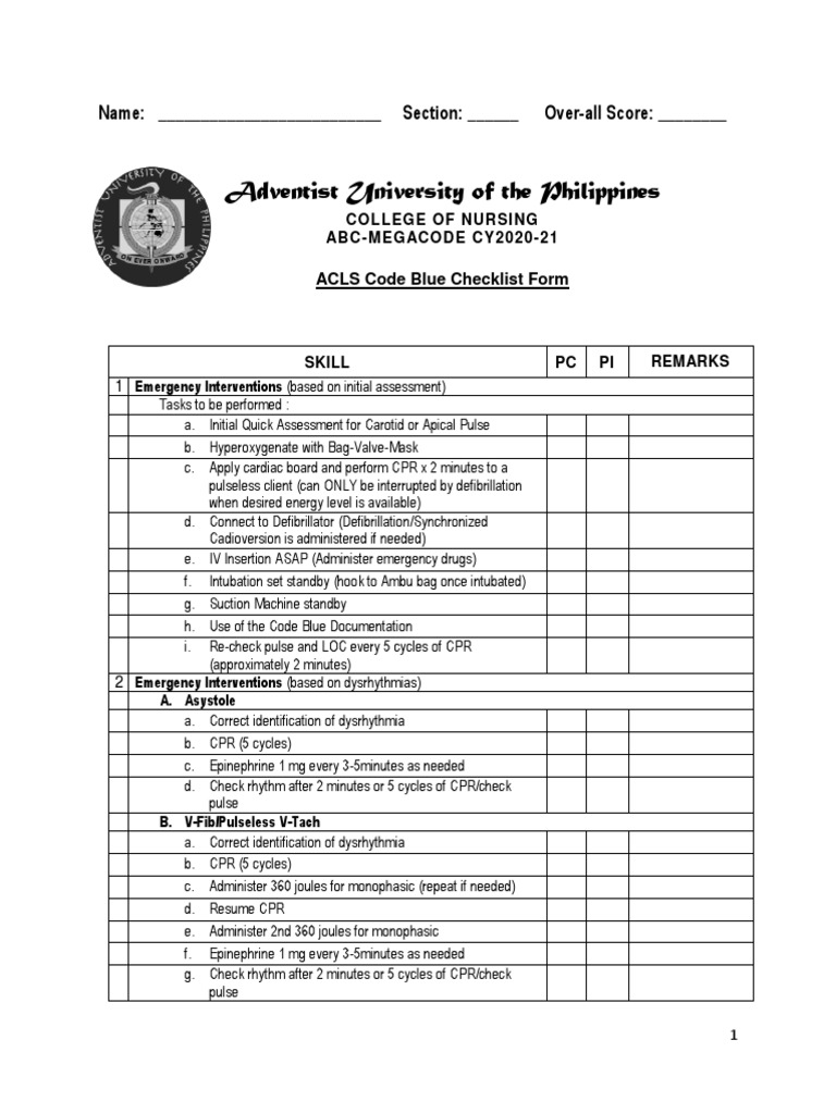 ACLS Code Blue Checklist and Evaluation | PDF | Cardiopulmonary ...