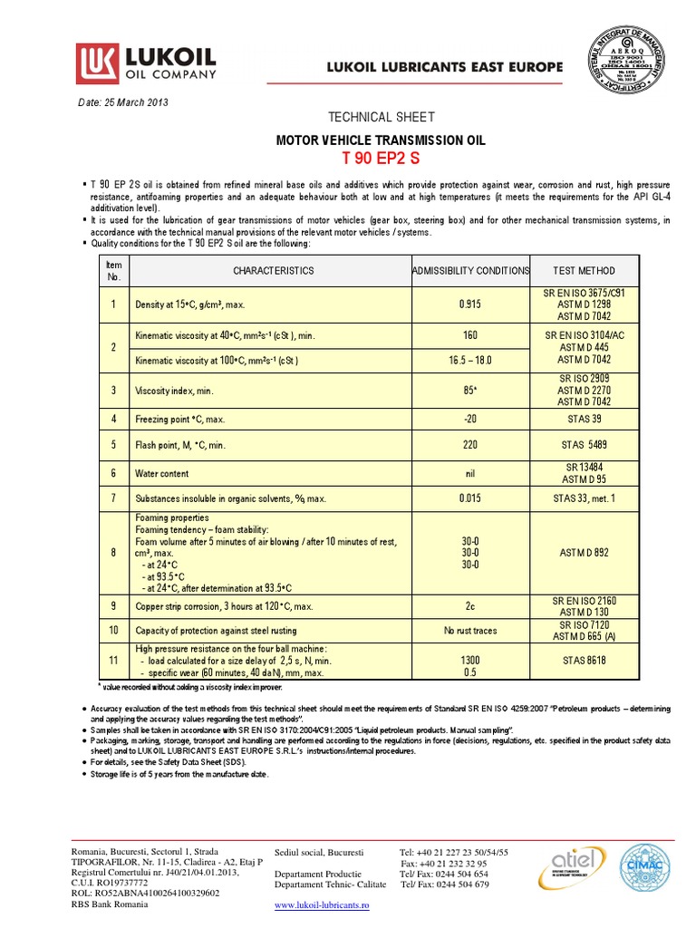 T 90 Ep2 S Motor Vehicle Transmission Oil PDF Viscosity Liquids