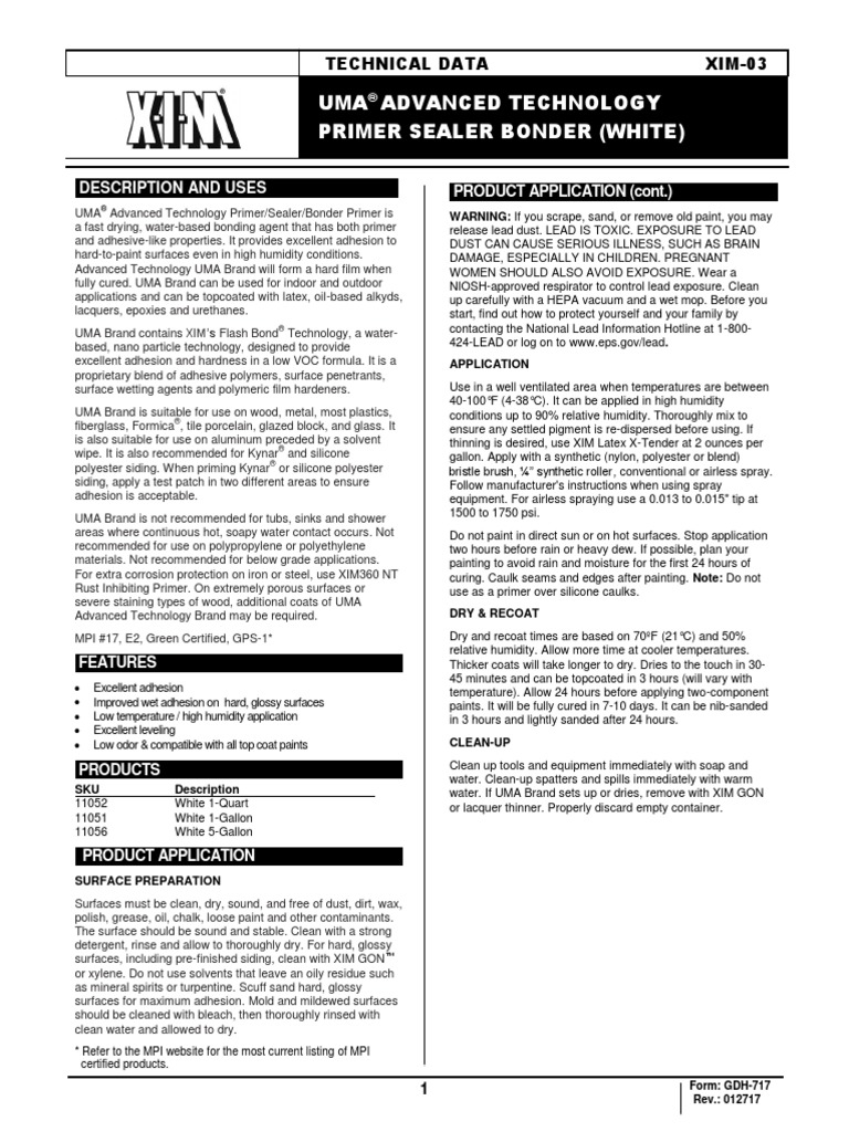 UMA Advanced Technology Primer Sealer Bonder (White) Technical Data