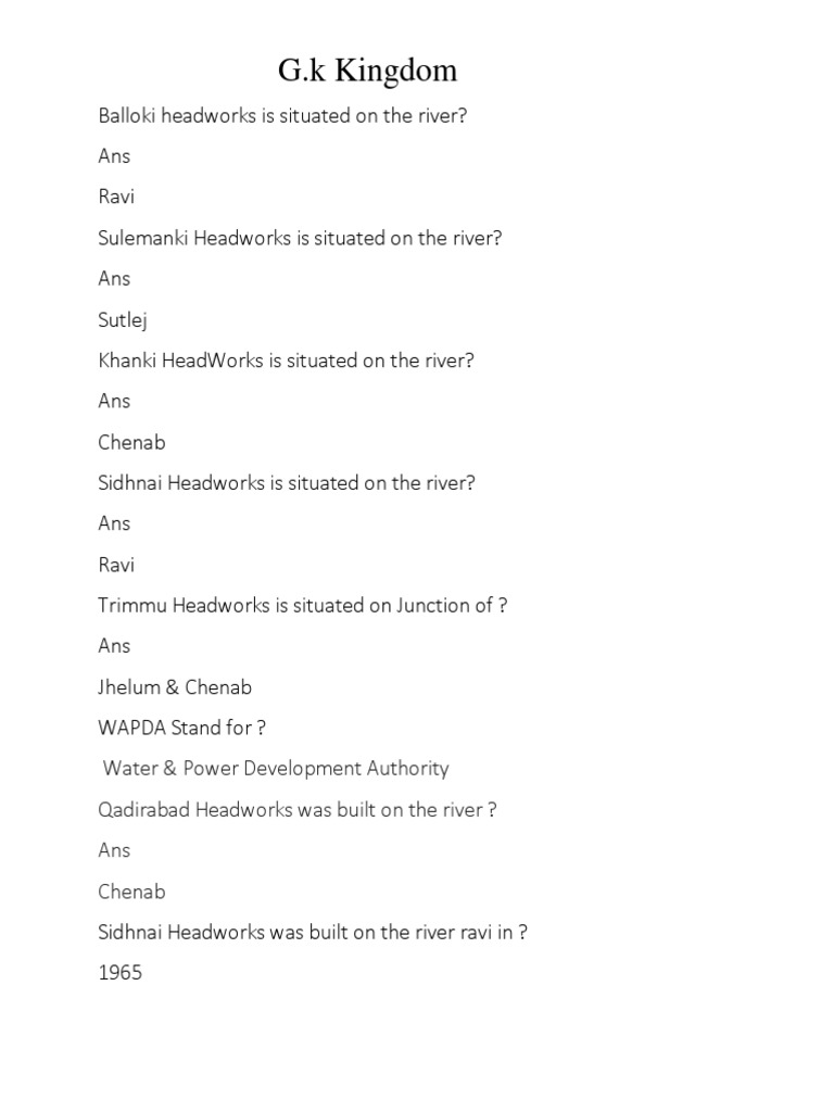 Irrigation System of Pakistan GK by G.K Kingdom PDF Indus River