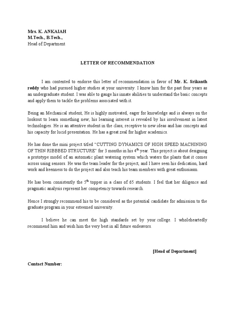 Letter of recommendation by HOD