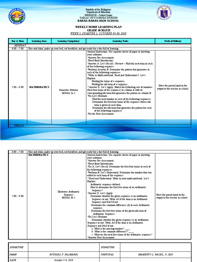 Grade 10 Math Weekly Learning Plan | PDF | Education Theory | Human Nature