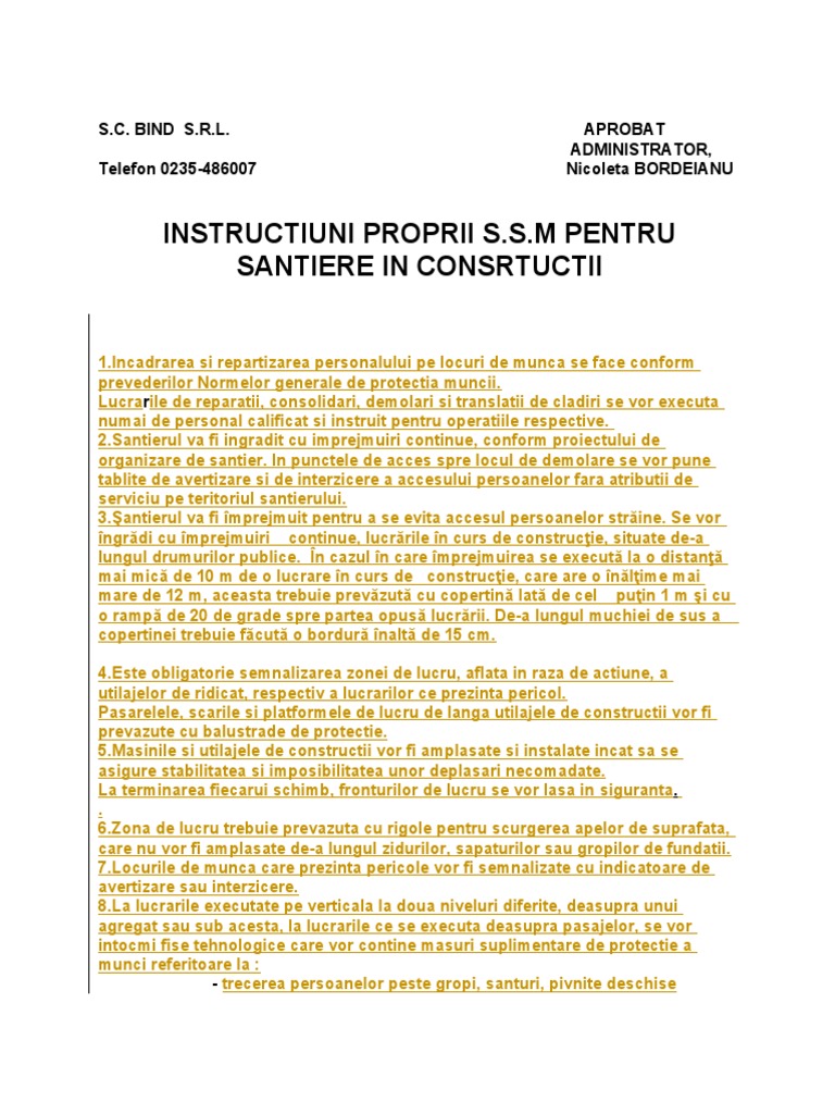 12.instructiuni Proprii S.S.M. - CONSTRUCTII | PDF