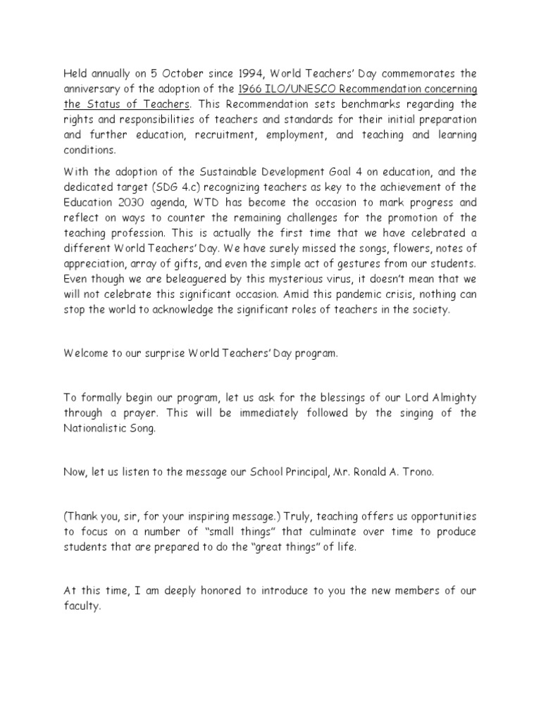 World Teachers' Day Celebration Script | PDF | Teachers | Human Nature