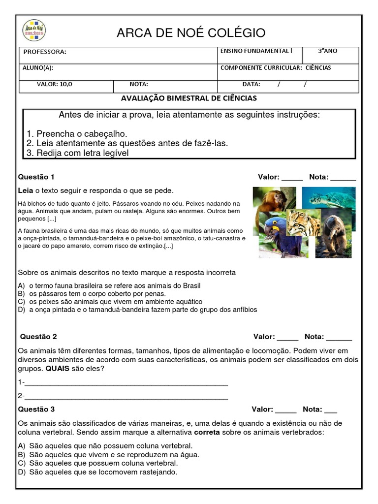 Avaliação de Ciências: Animais 3º Ano | PDF | Herbívoro | Vertebrados
