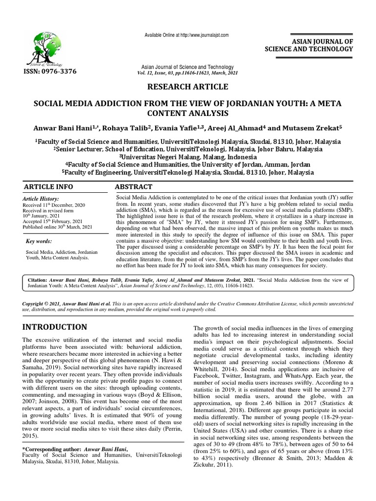 Social Media Addiction From The View of Jordanian Youth A Meta Content ...