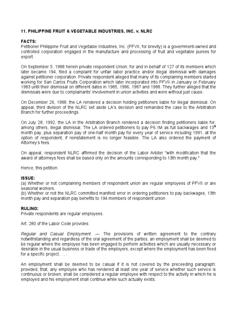 Regular vs Seasonal Employment The Philippine Fruit & Vegetable