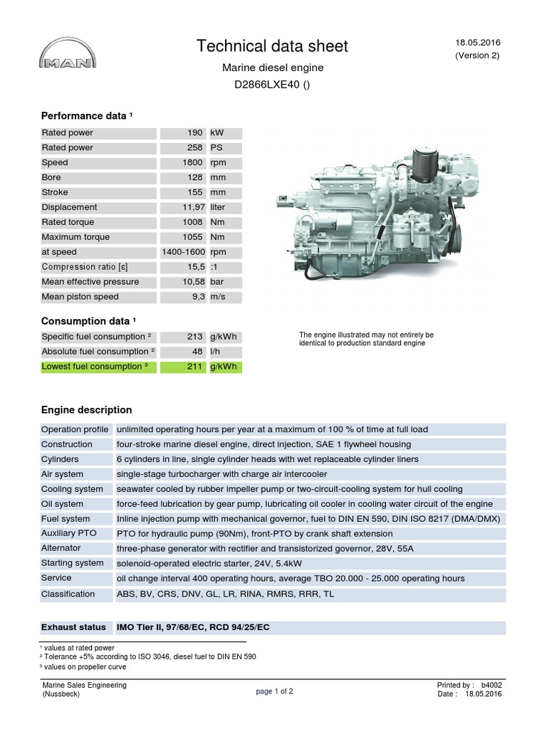 Marine Diesel Engine D2866LXE40 Specs | PDF | Diesel Engine | Engines