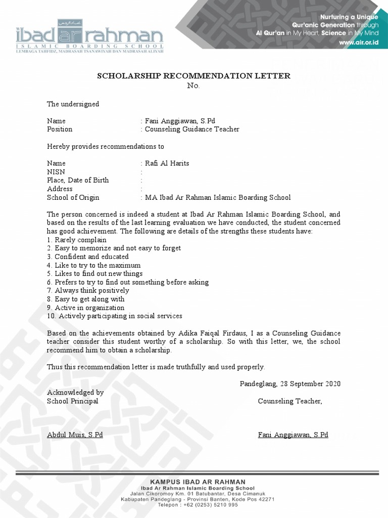 Rafi Al Harits Scholarship Recommendation | PDF