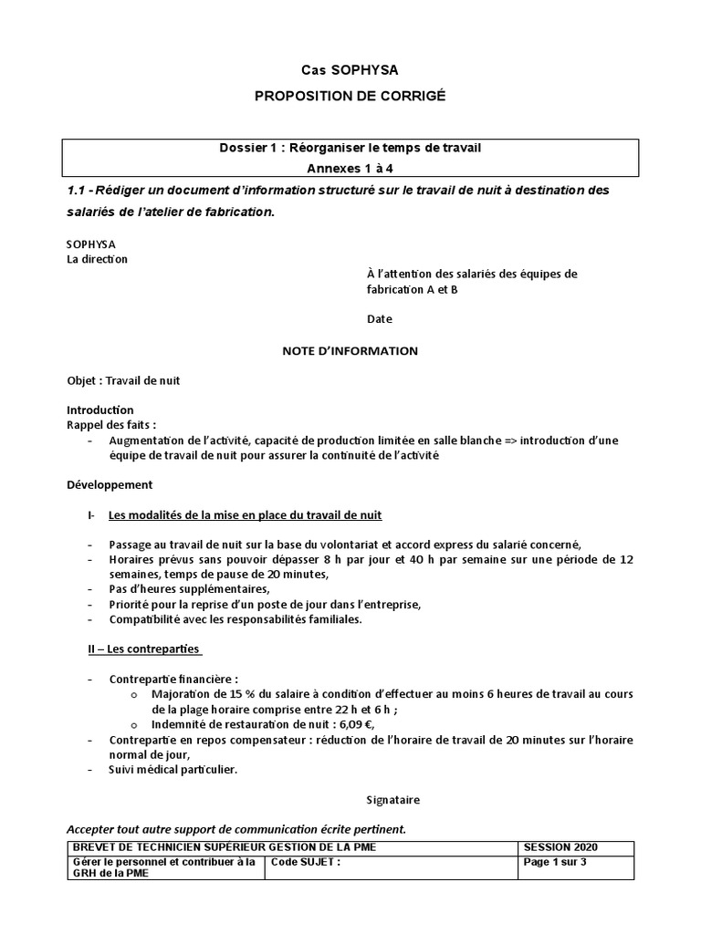 Corrige Bts Gestion De La Pme 2020 Corrige Cas Sophysa | PDF | Heures supplémentaires | Salaires