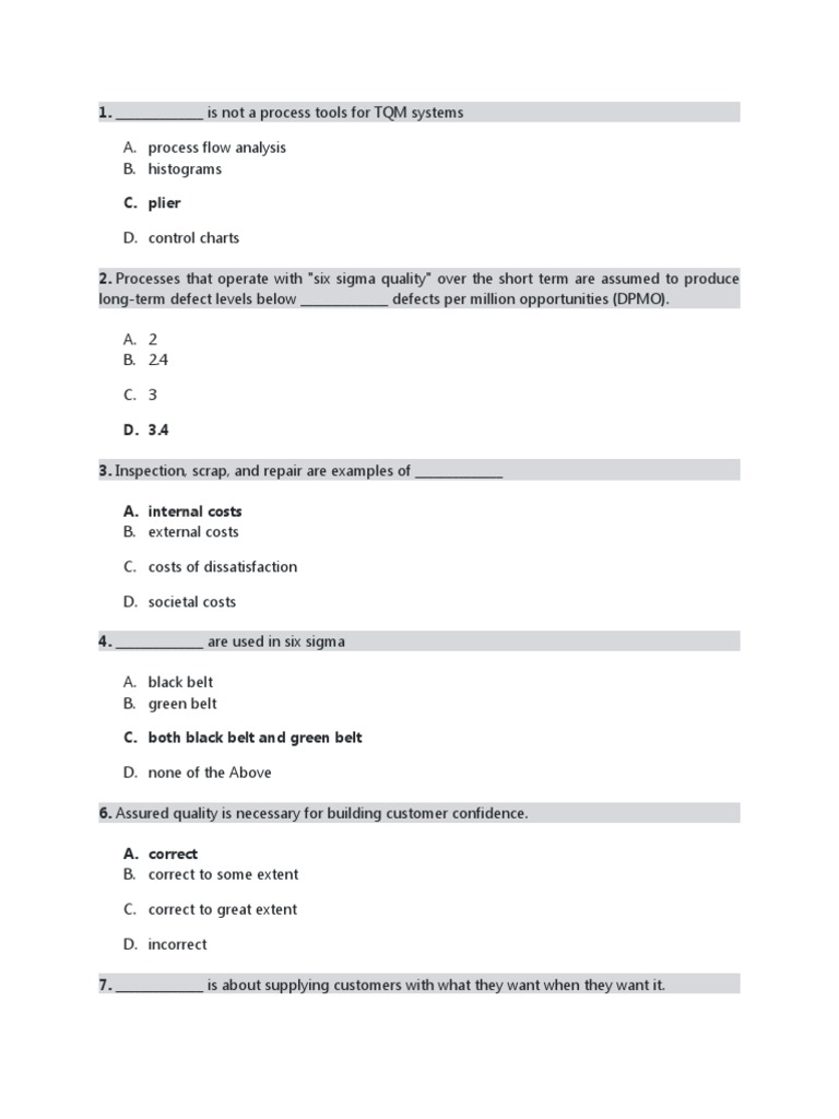 MCQ TQM PDF Quality Assurance Six Sigma