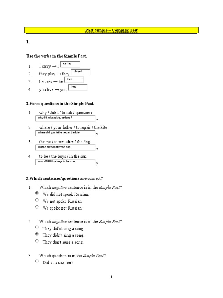 Past Simple Complex Test | PDF | Question | Languages