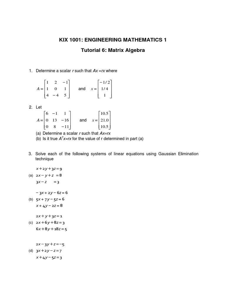 Tutorial 6 Matrix Algebra PDF