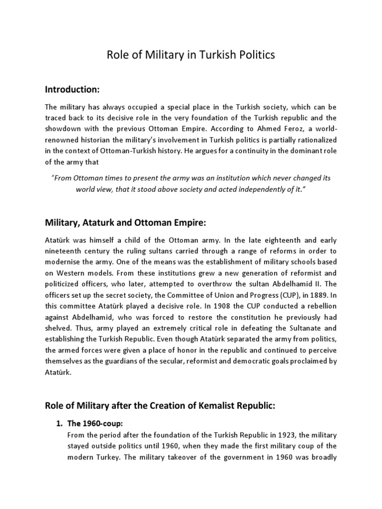 Military's Role in Turkish Politics | PDF | Mustafa Kemal Atatürk | Turkey