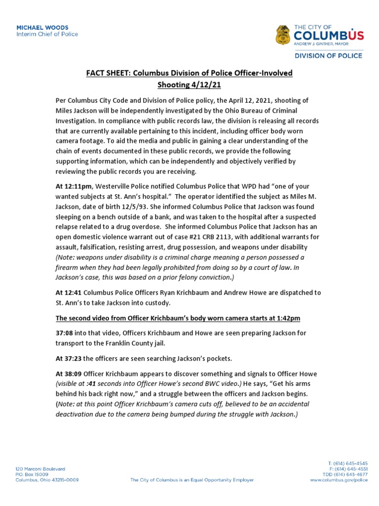Columbus Division of Police Fact Sheet PDF Arrest Police