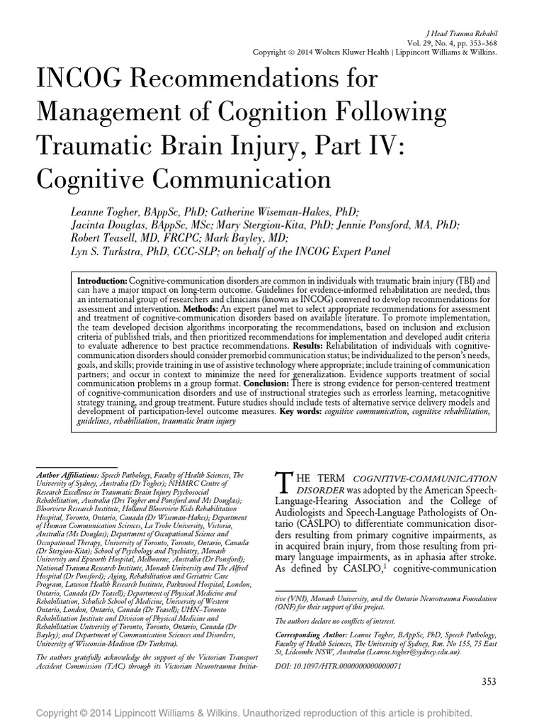 Incog - Cognitive Comunication | PDF | Traumatic Brain Injury ...