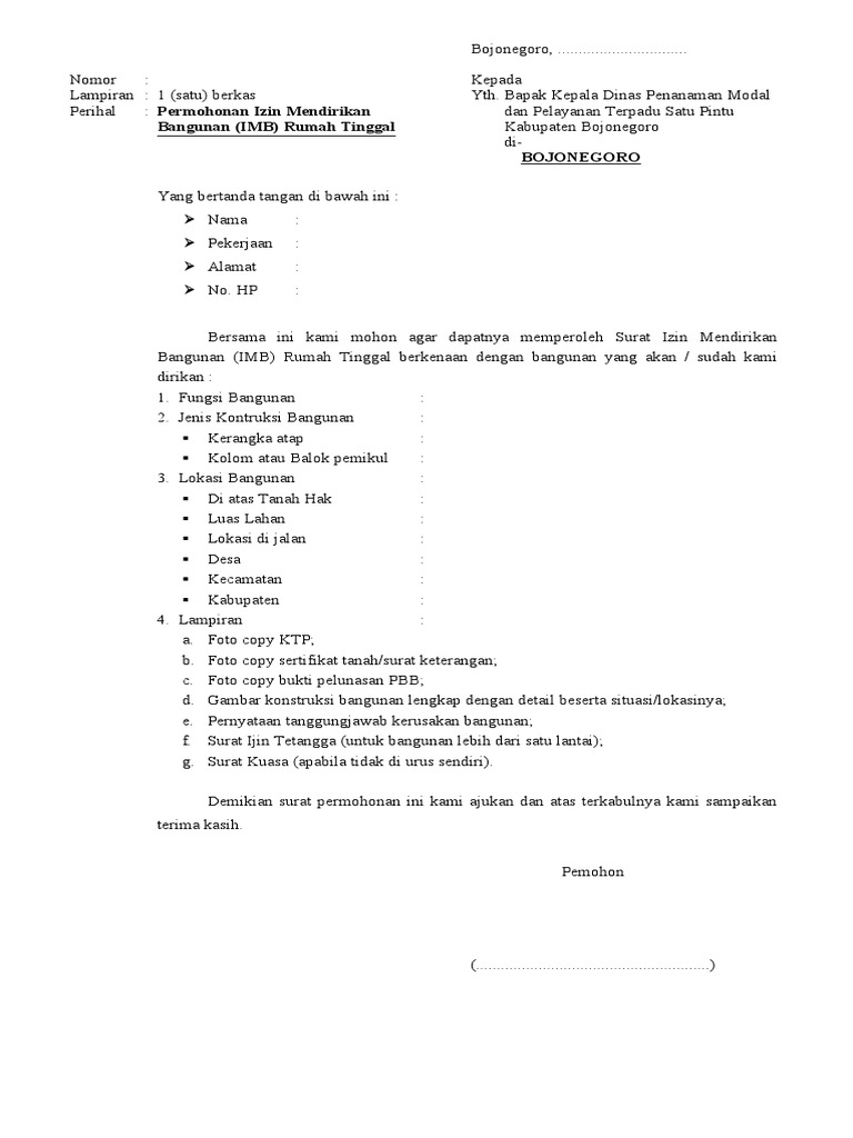 Form Izin Mendirikan Bangunan (Imb) Rumah Tinggal | PDF