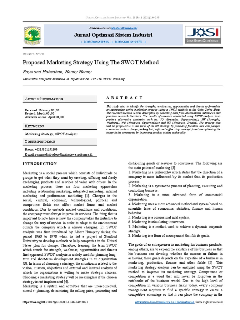 Jurnal Usulan Strategi Pemasaran Dengan Metode SWOT (Bahasa Inggris ...