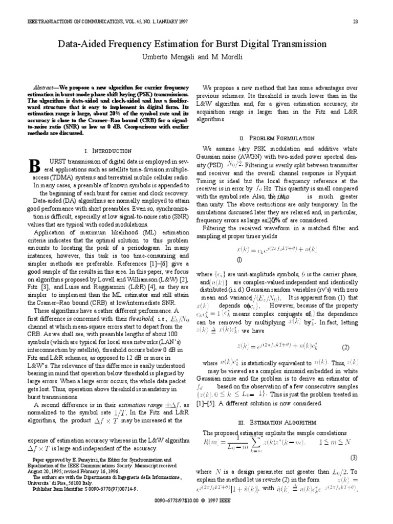 Data-Aided Frequency Estimation For Burst Digital Transmission | PDF ...
