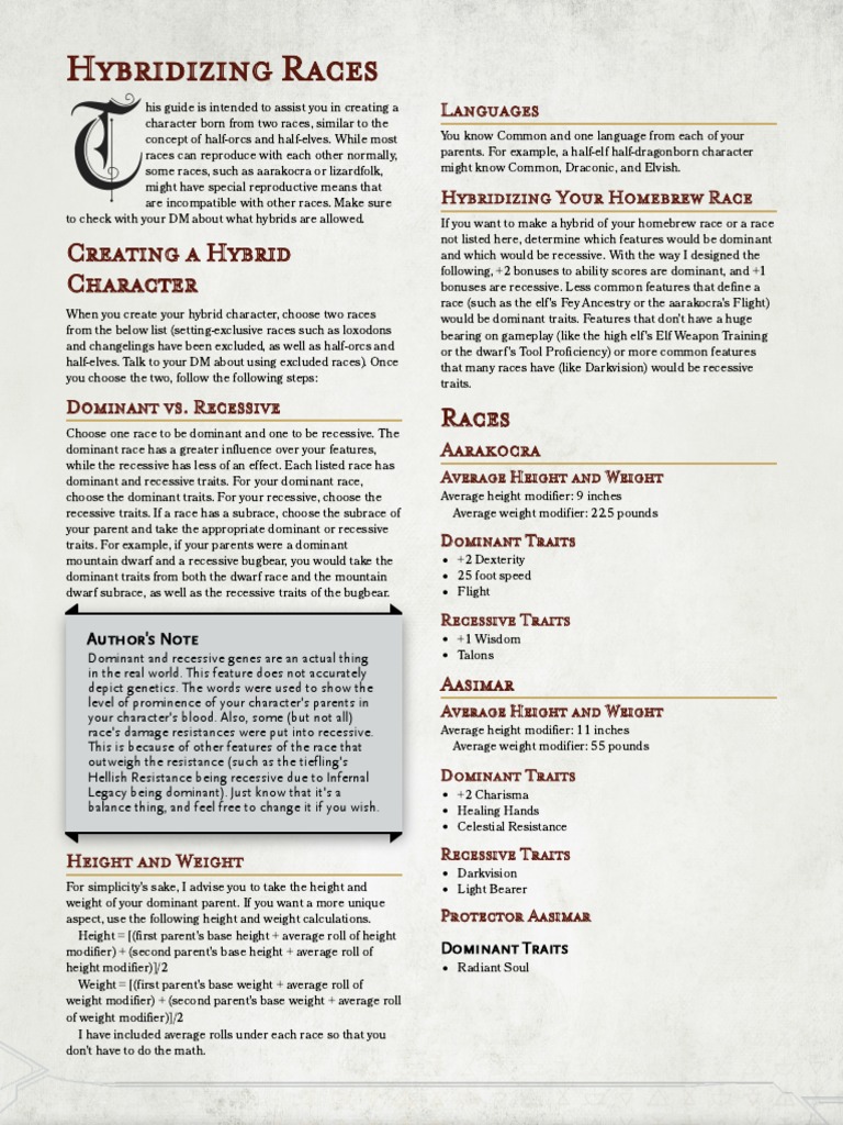 Hybridizing Races For D&D 5e - GM Binder | PDF | Leisure | Nature