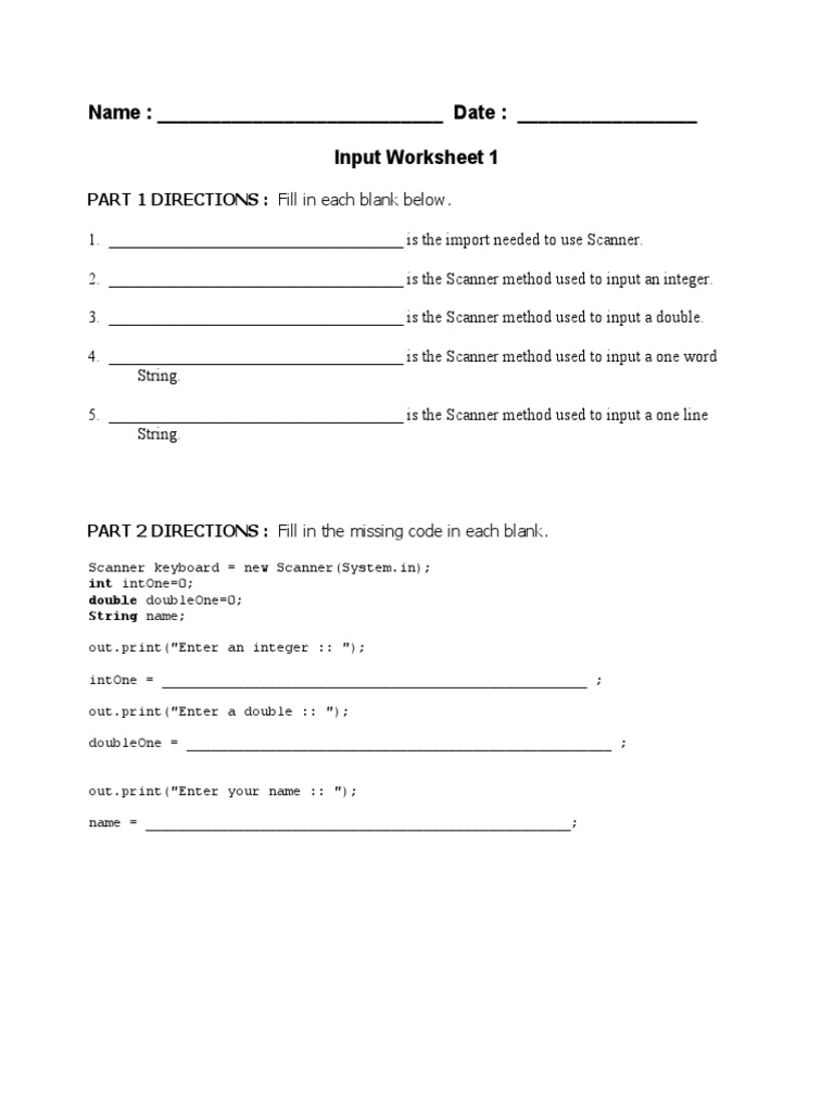 Java Scanner Input Worksheet | PDF
