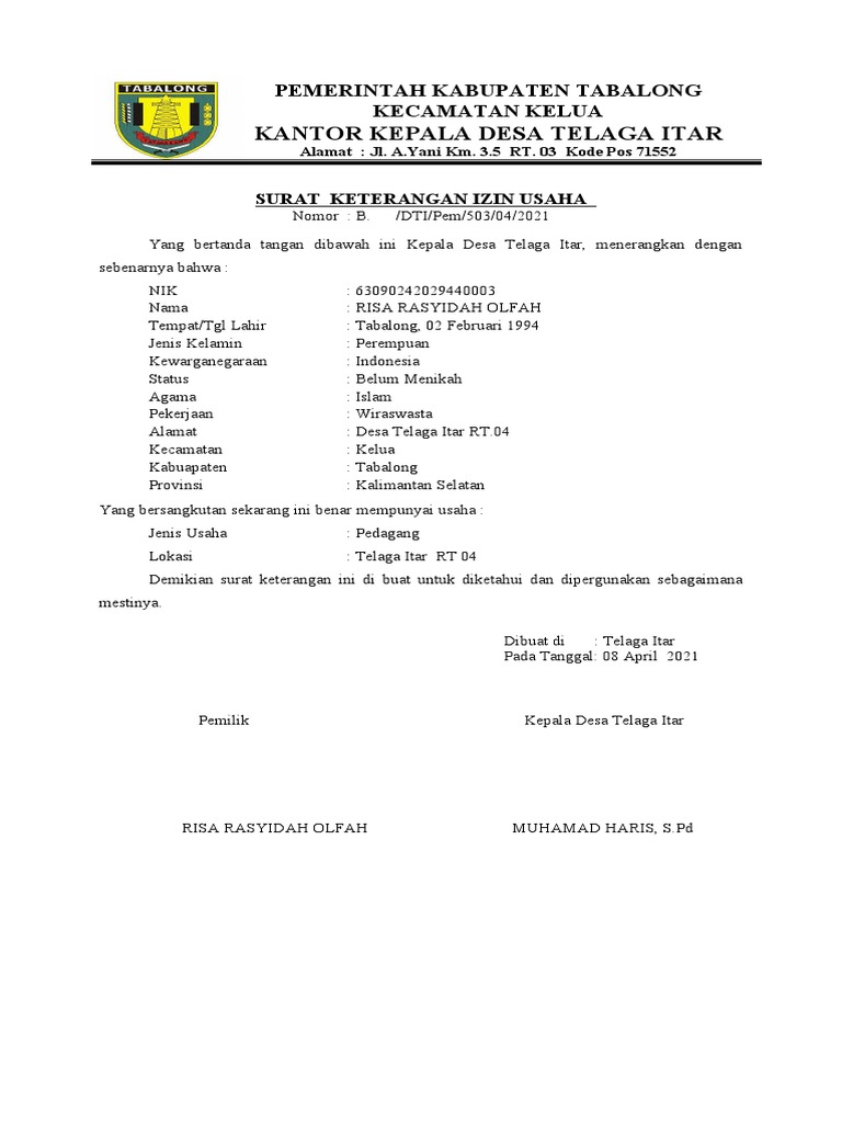 Surat Izin Usaha Risa Rasyidah Olfah | PDF