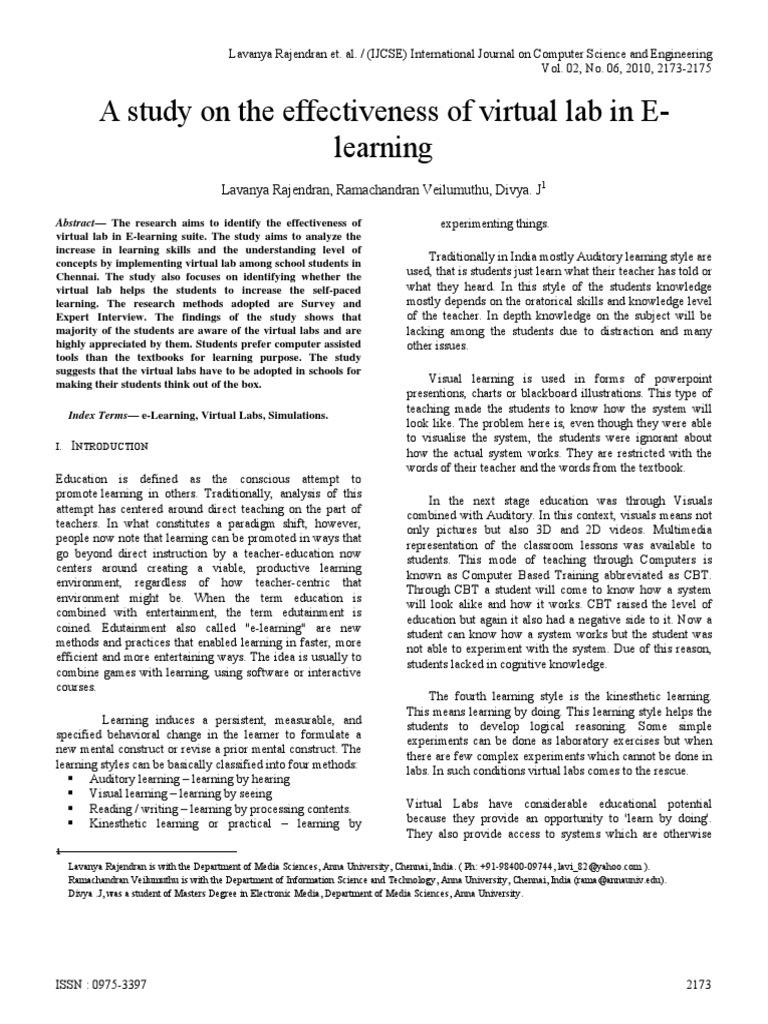 A Study On The Effectiveness of Virtual Lab in E-Learning: Lavanya ...