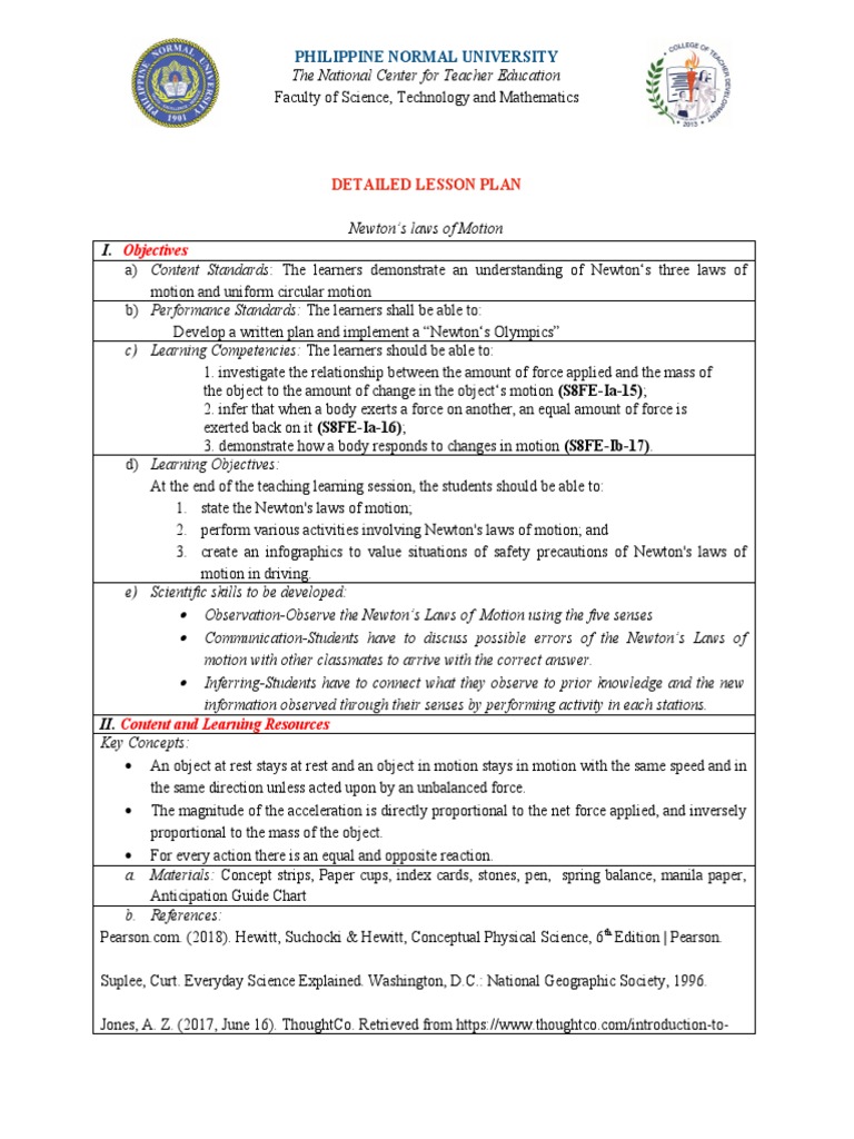 Grade 8 Lesson Plan: Newton's Laws | PDF | Newton's Laws Of Motion | Force