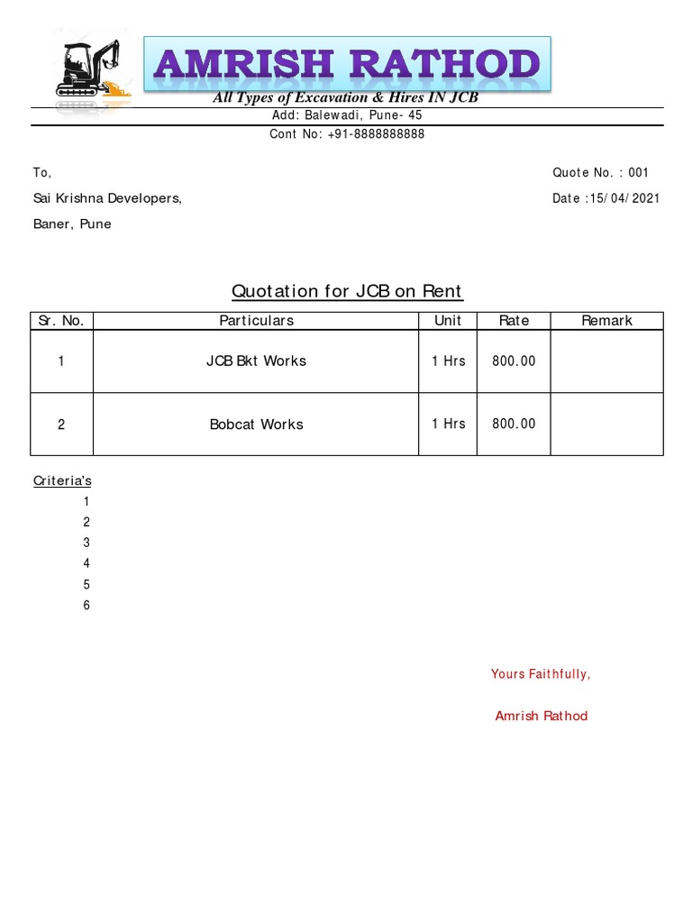 JCB Rent Quotation for Pune | PDF