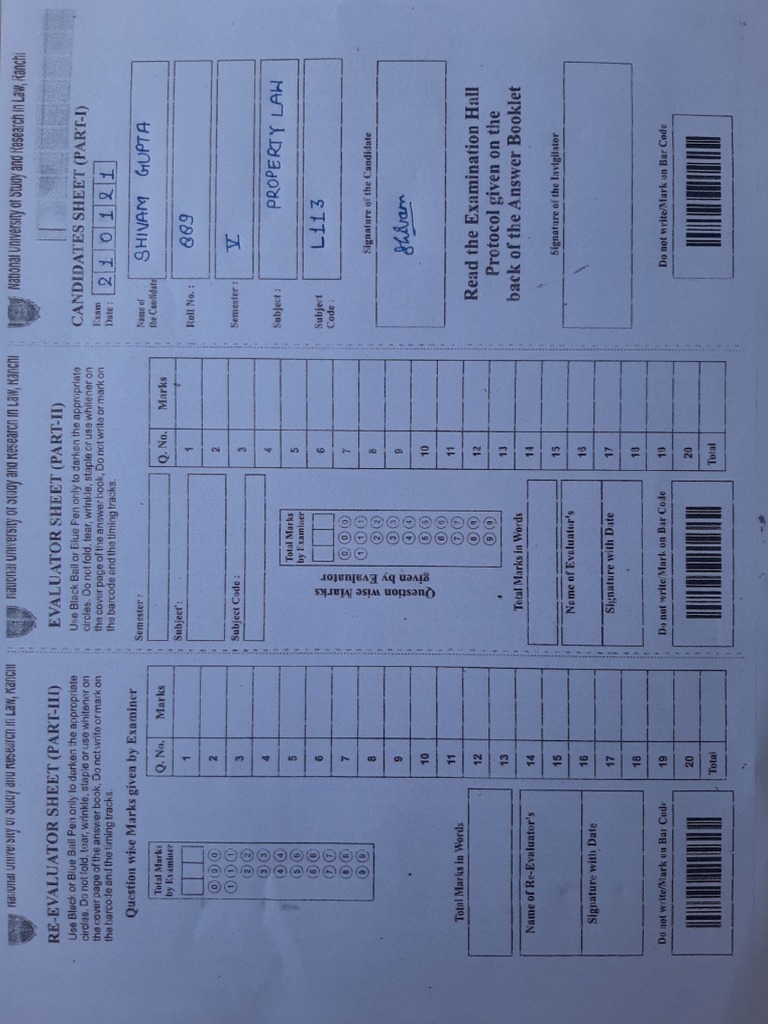 Property Law Exam Answer Sheet PDF Business
